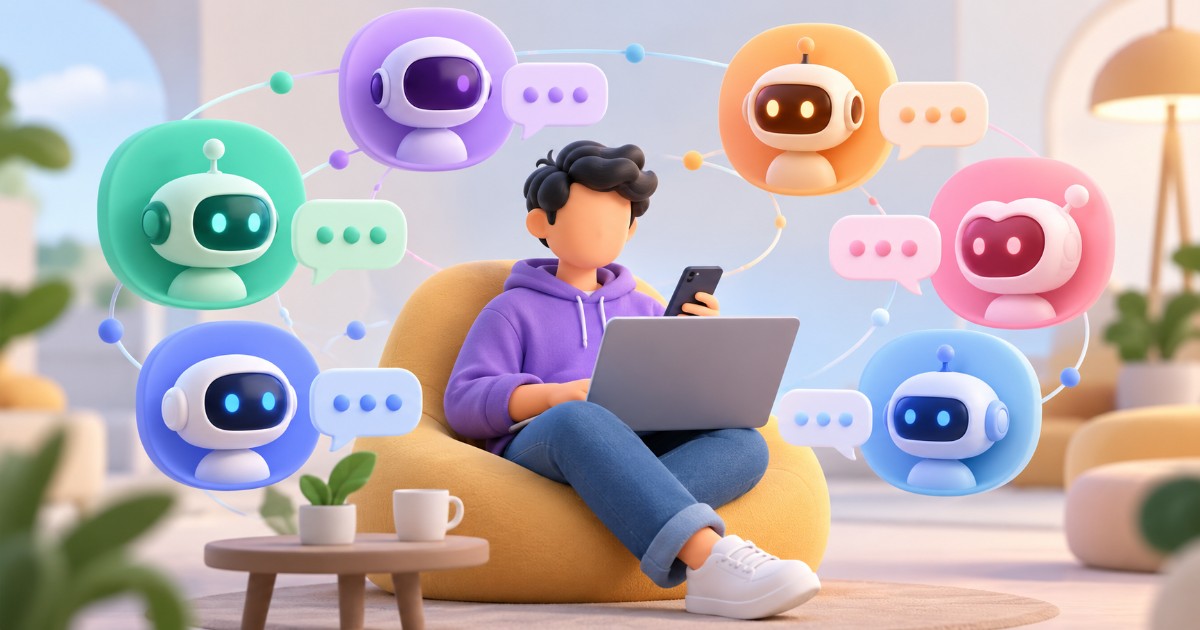 Ilustrace osoby s telefonem a notebookem obklopené ikonami chatovacích robotů